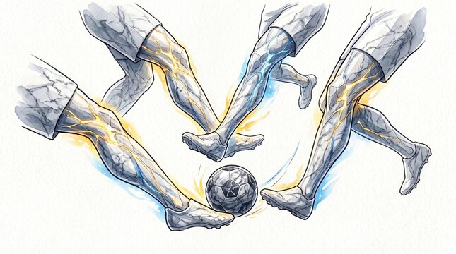 Dynamic soccer action illustration, multiple player legs kicking a football, energetic sports movement, athletic competition concept, hand-drawn vector art for active lifestyle and fitness