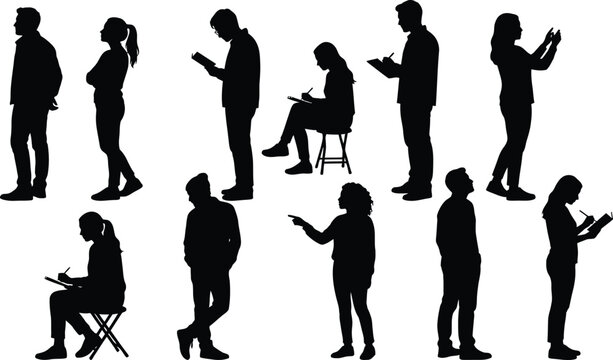 Silhouettes of people standing and sitting while using their phones or reading