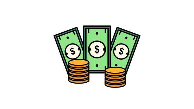 Animated illustration of money, cash, and coins for financial concepts.