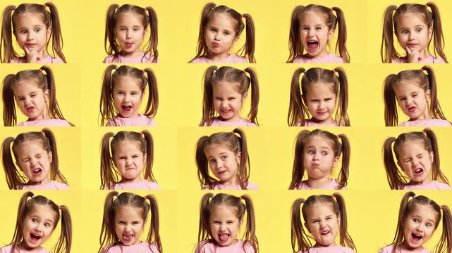 Repeating girl face expressions on yellow background pattern. Concept of kids education posters, emotion learning cards, parenting content, preschool ads and playful product packaging.
