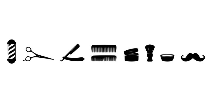 Barber Tools and Accessories Icons Set with Comb Razor Clipper Barber Pole and Mustache Symbols on White Background