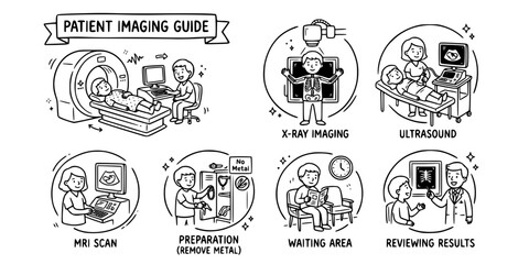 Fototapeta premium Patient Imaging Guide Doodle Black White-MRI Cartoon Probe Xray Figure-Education Vector-Guide Icon Doodle-Medical Imaging Design Set