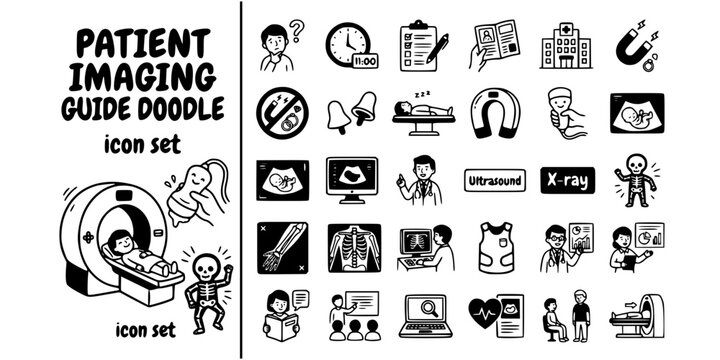 Patient Imaging Guide Doodle Black White-MRI Cartoon Probe Xray Figure-Education Vector-Guide Icon Doodle-Medical Imaging Design Set