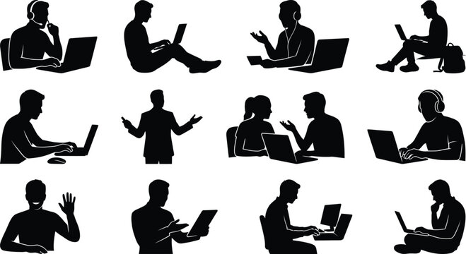 Collection of black silhouette people using laptops in various poses and settings