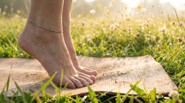 Bare Feet Standing on Yoga Mat in Lush Green Grass Field at Sunrise