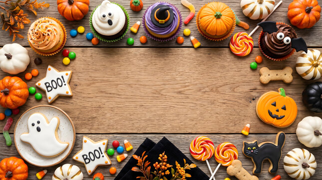 Halloween sweets and candies frame on wooden background with copy space.〈ハロウィーンのお菓子やキャンディーを木製の背景に配置したフレーム。コピー用のスペースあり〉