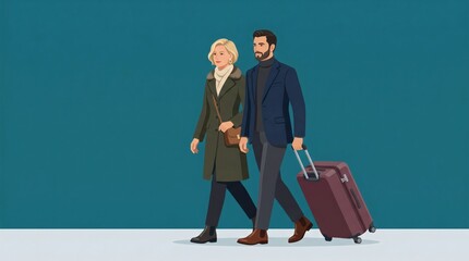 Fototapeta premium Couple walking with luggage on vacation.