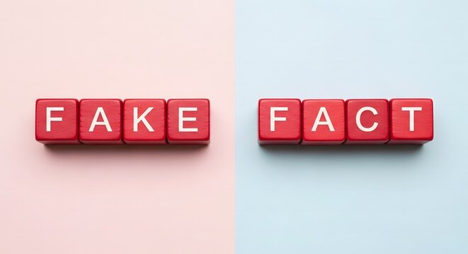 Red blocks spell fake and fact on split background.