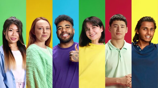Diverse young adults portraits in bold vertical color panels. Concept of HR diversity campaigns, recruitment pages, university ads, social platform banners and inclusive brand visuals.