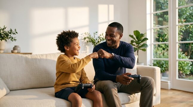 Happy Father and Son Fist Bumping While Playing Video Games