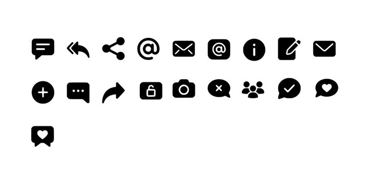 Icon set collection of web interface, social media, and communication symbols for modern user experience and digital connectivity application designs.