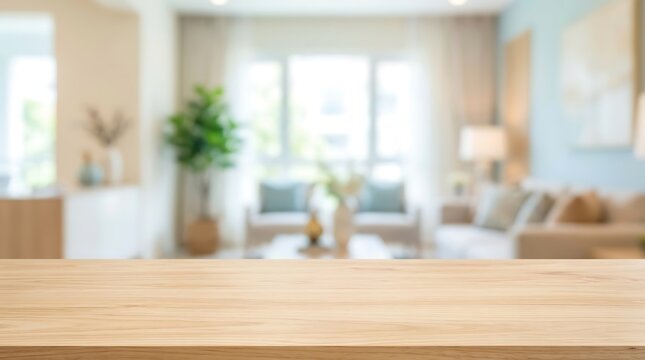 Empty wooden table top mockup against blurred modern living room background for product presentation and home decor.