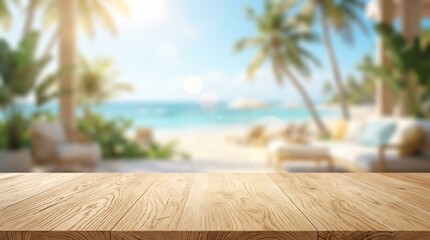 Fototapeta premium Empty wooden table top with blurred tropical beach background for product display at summer resort coastal scene mockup.