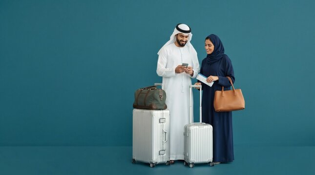 Man and woman in traditional Arabic clothing with luggage looking at a map.
