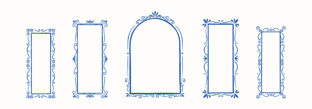 Set of whimsical blue watercolor mediterranean rectangle and arch shape hand drawn doodle frame for wedding invitation, birthday cad, tavern menu. Italian, French Baroque victorian style sketch border
