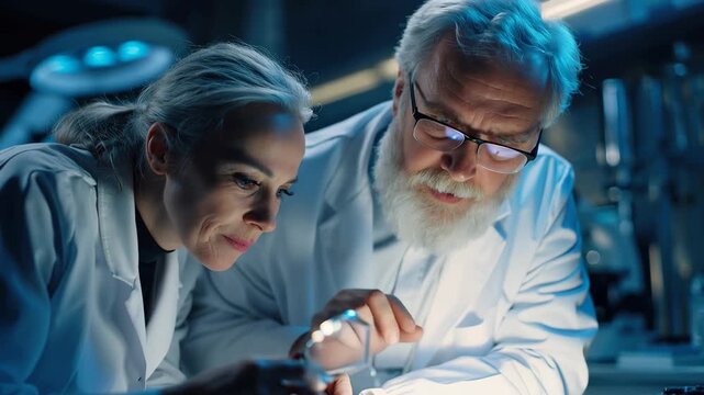 Two scientists work together in a modern research laboratory examining samples under bright lights and using tools for analysis and study