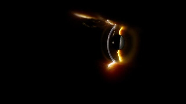 A human eye slowly comes into focus from deep darkness with warm golden highlights. The pupil dilates slightly as light catches the iris. Dramatic cinematic reveal with moody atmosphere intense gaze