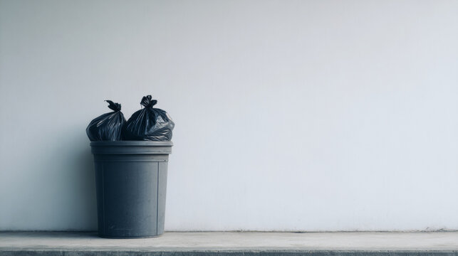 Gray trash bin with black garbage bags