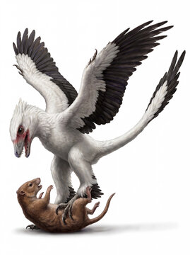 Microraptor zhaoianus capturing a small proto-mammal in a vertical view, showing predatory behavior and accurate feathered anatomy in a detailed scientific paleontological reconstruction isolated on w