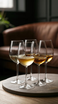 Six wine glasses filled with white and amber wine on round tray, modern living room, cozy atmosphere, soft natural light