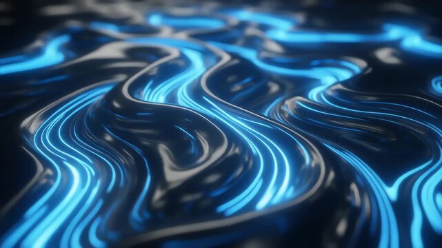 Abstract scene of glowing blue neon ribbons flowing over a dark reflective surface with glossy sheen