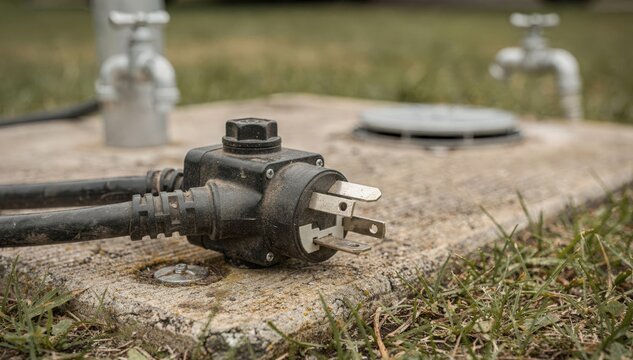 Tight view of a 50amp electrical hookup at a campground pedestal with water faucet and sewer drain slightly out of focus emphasizing robust power connection.
