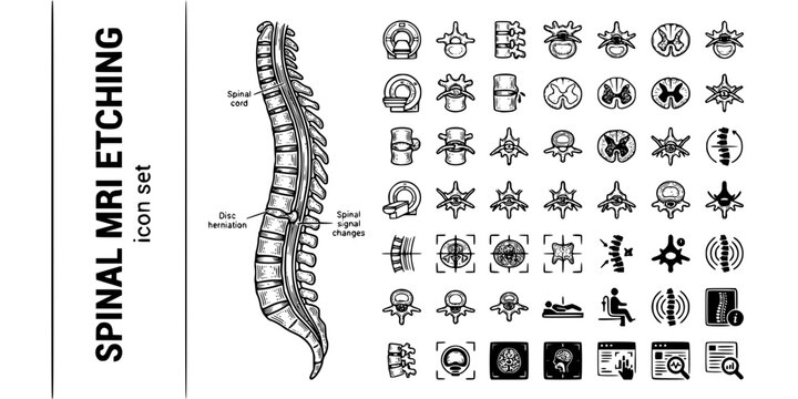 Spinal MRI Etching Black White-Vertebral Column Disc Herniation Cord-Spine Imaging Vector-Spine Icon Etching-Medical Imaging Design Set