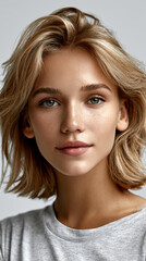 Naklejka premium Blonde woman short hair natural makeup soft smile youthful face clear skin casual beauty portrait studio