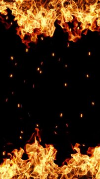 Vertical intense flames stripes burst with sparks motion effect on black backgrounds rendering