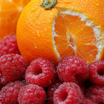 Fresh raspberries beside a peeled orange with juicy citrus segments and bright fruit colors showing natural sweetness breakfast snack nutrition and vibrant seasonal produce detail in macro view