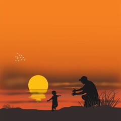 Fototapeta premium silhouette of father and kids. Happy Father's Day is perfect for greeting cards, social media posts, and digital gifts. 