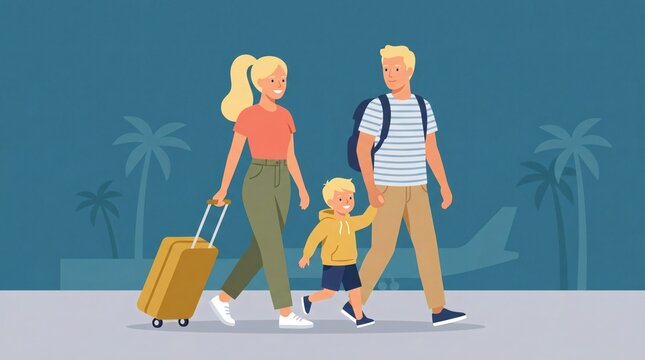 Family walking with luggage to airport.