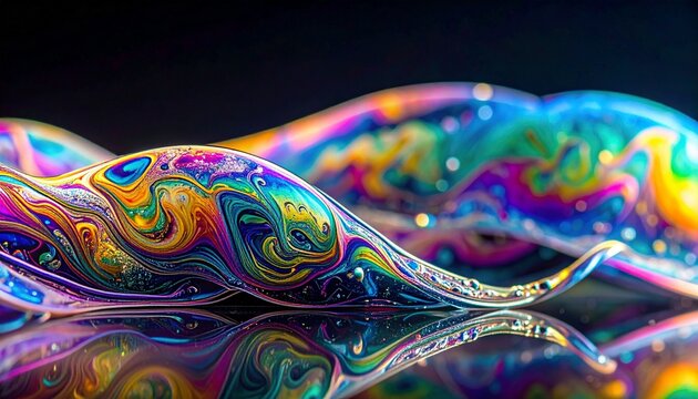 Dynamic Abstract Iridescent Waves with Vibrant Spectrum Colors, Fluid Texture, and Reflections on a Dark Surface