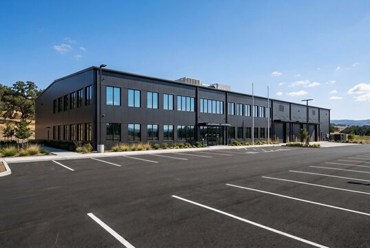 A clean, modern dark-metallic industrial building exterior with symmetric windows and an empty parking lot.