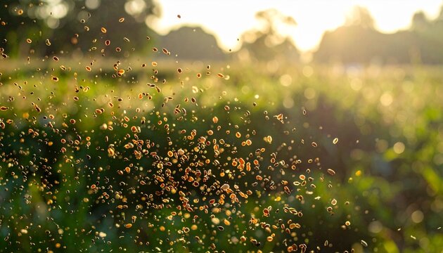 Thousands of tiny flying insects swarming in warm golden backlight at sunset. Natural summer evening scene with lens flare and bokeh.