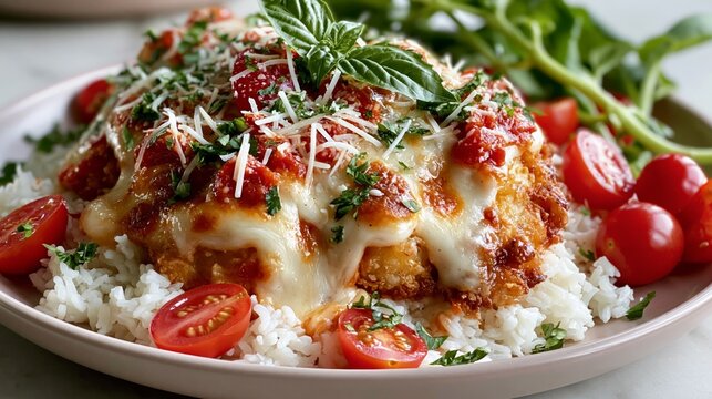 air fryer chicken parmesan rice bowl with juicy crispy chicken