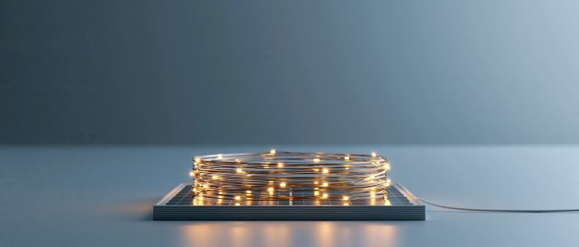 Coiled string lights on solar panel