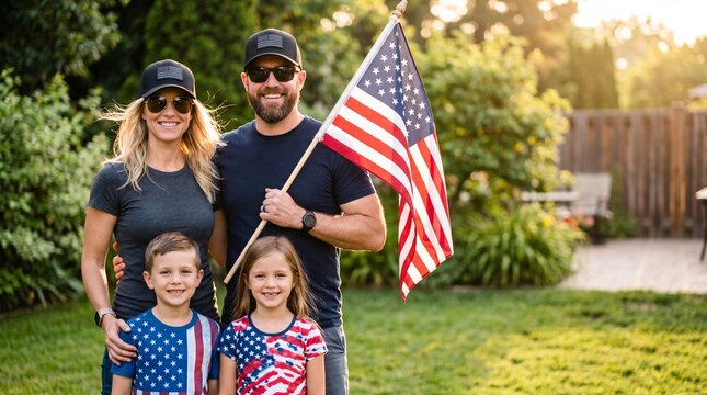 Happy patriotic American family with children celebrating 4th of july holding US flag in backyard