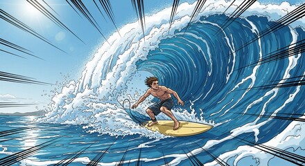 Surfer riding a giant blue ocean wave in a dynamic comic book style
