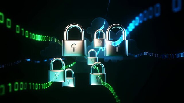 Animated digital locks floating in a binary code environment. Represents cybersecurity, data protection, and online privacy solutions