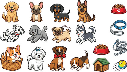 Cute dog character collection with different puppy breeds pet accessories and cartoon canine vector illustrations © Prodip