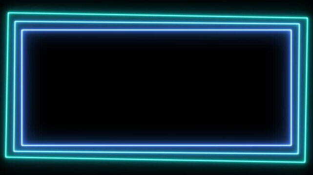 Neon rectangle borders glowing in sequence, futuristic abstract neon border background, glowing rectangle blue frame with black background