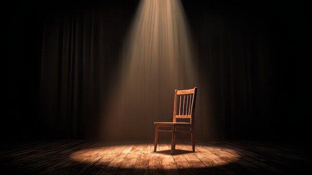 A lone wooden chair sitting center stage under a single blazing spotlight, chair in the dark, chair in the dark room, chair on the stage