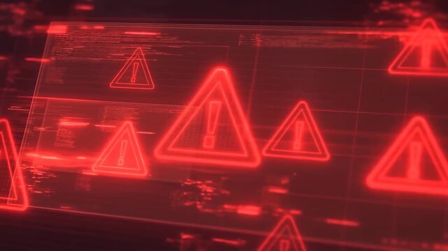 Red warning signs flashing on a digital screen. Visual representation of alerts and notifications in cybersecurity and technology environments