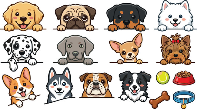 Cute dog face collection with puppy breed portraits pet accessories and cartoon canine vector illustrations