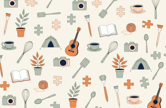Charming seamless vector pattern with various hobby objects