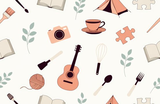 Playful seamless vector pattern featuring hobbies and leisure activities