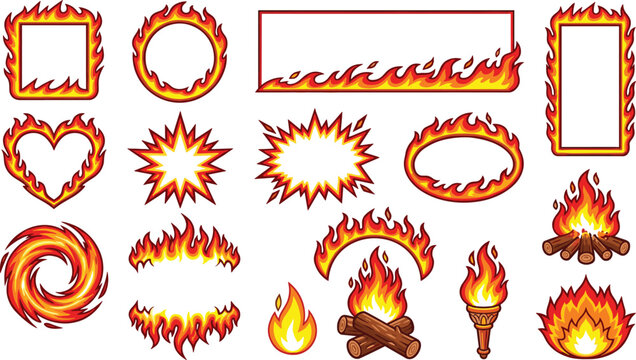 Fire frame and flame effect collection with burning borders blazing elements campfire and fiery vector illustrations