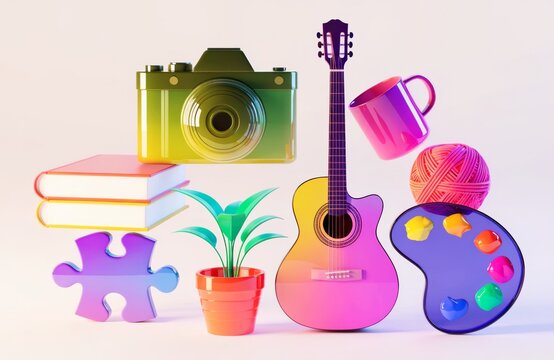 Vibrant 3D rendering of assorted hobby items and creative tools