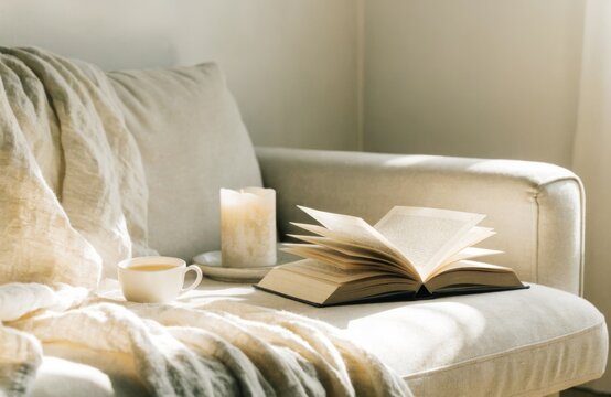 Cozy reading nook with open book, tea, and candle on a sofa